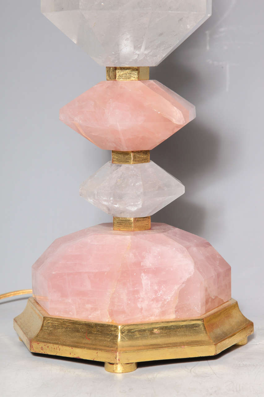 Fine Pair of Bagues Style, Geometric Rock Crystal and Rose Quartz Table Lamps 1