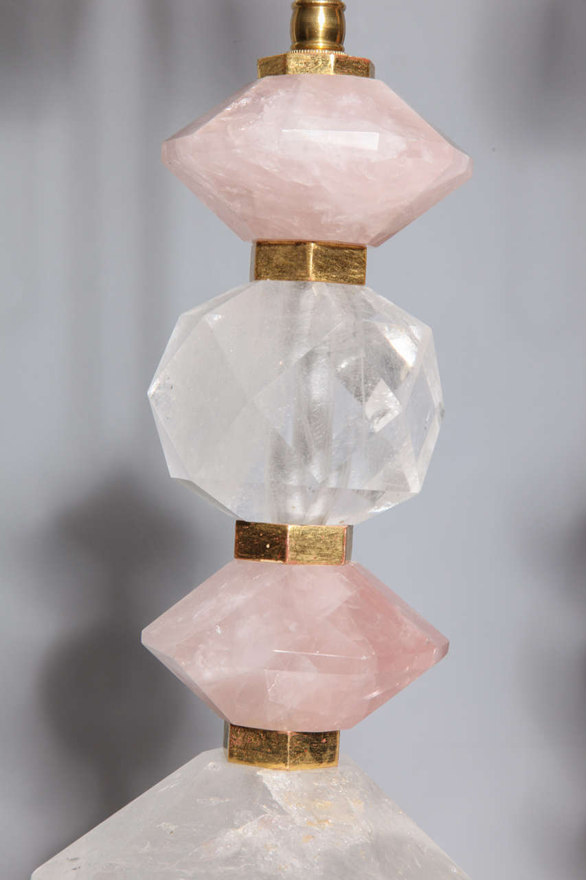 Fine Pair of Bagues Style, Geometric Rock Crystal and Rose Quartz Table Lamps 2