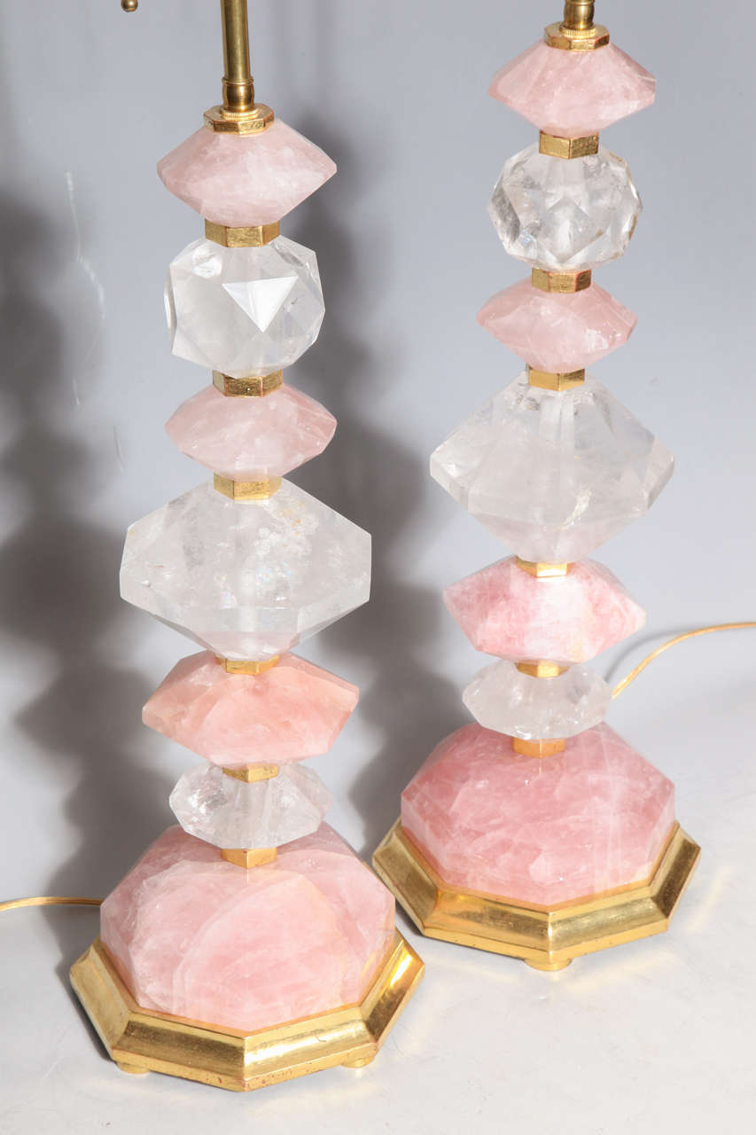 Fine Pair of Bagues Style, Geometric Rock Crystal and Rose Quartz Table Lamps 4
