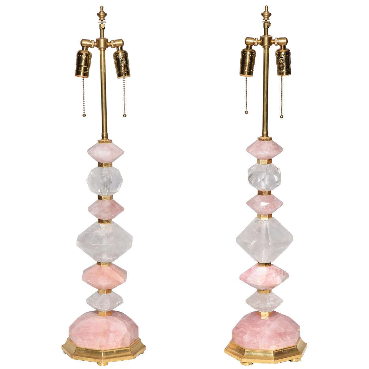 Fine Pair of Bagues Style, Geometric Rock Crystal and Rose Quartz Table Lamps