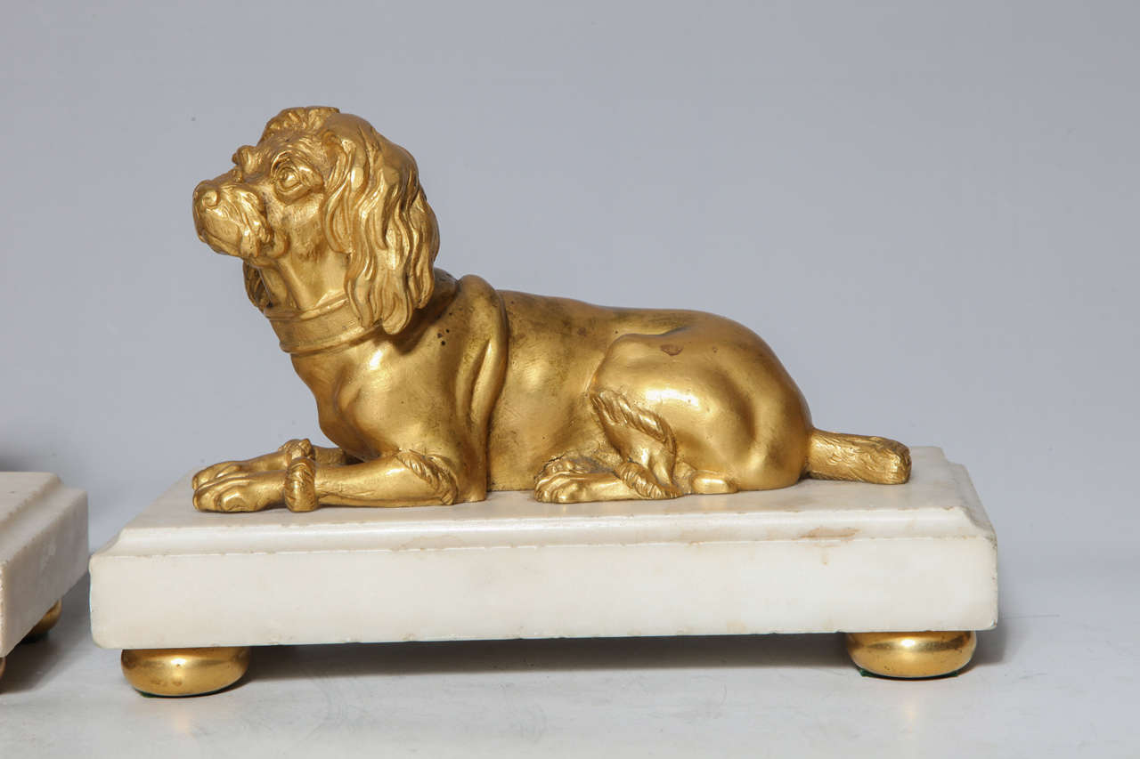 Gilt Rare Pair of French Louis XVI Doré Bronze Dogs on Carrara Marble Bases For Sale