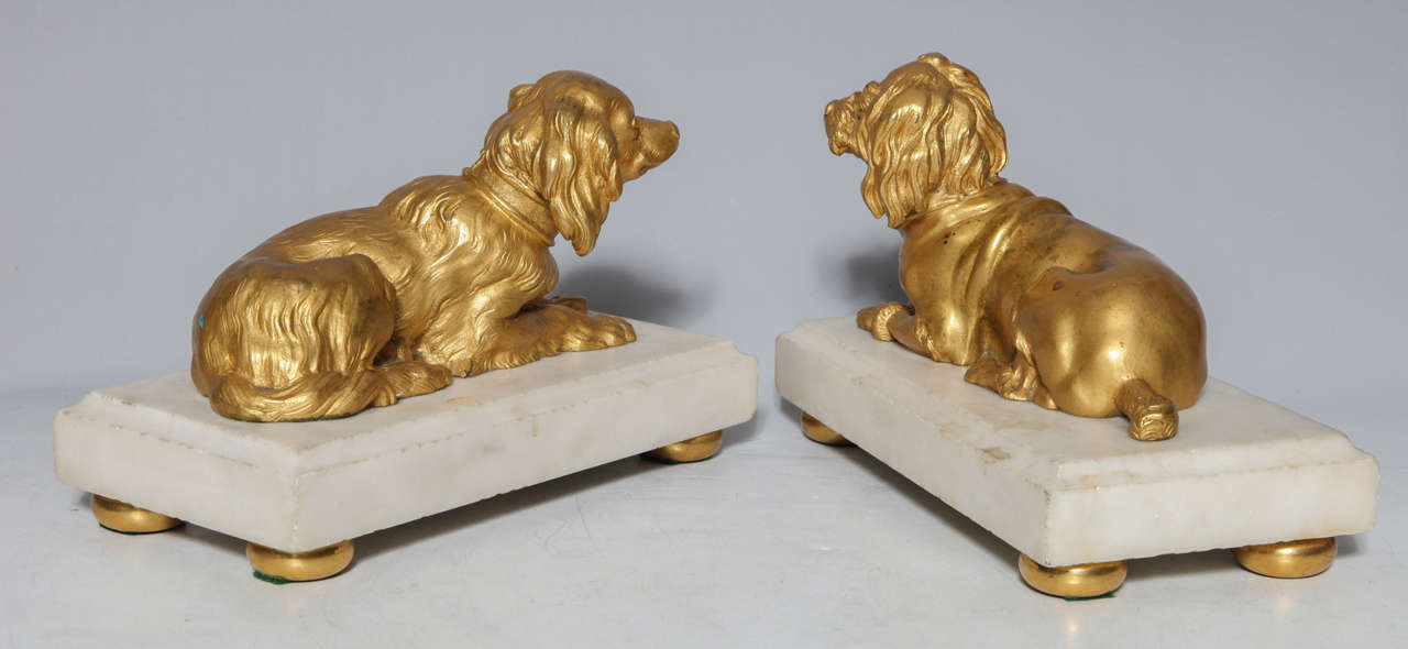 Rare Pair of French Louis XVI Doré Bronze Dogs on Carrara Marble Bases For Sale 1