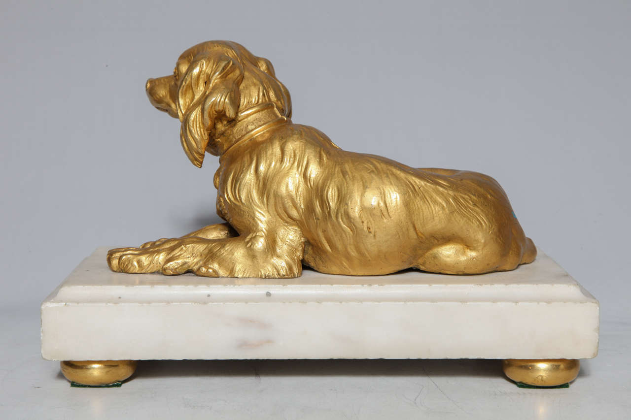 Rare Pair of French Louis XVI Doré Bronze Dogs on Carrara Marble Bases For Sale 2