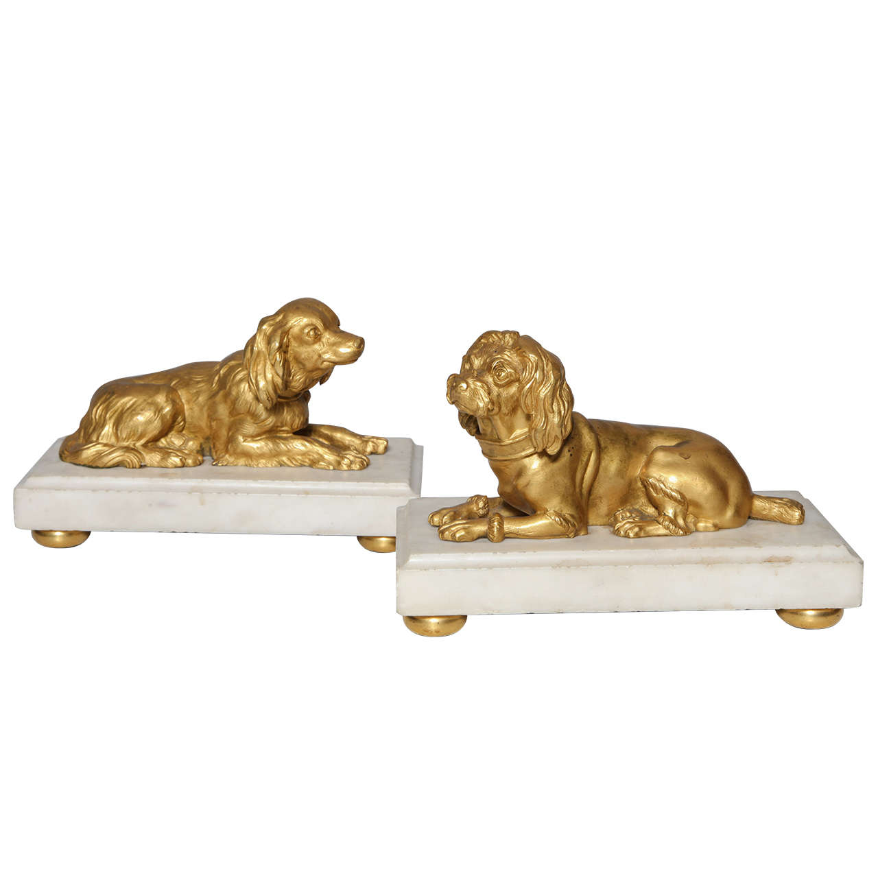 Rare Pair of French Louis XVI Doré Bronze Dogs on Carrara Marble Bases