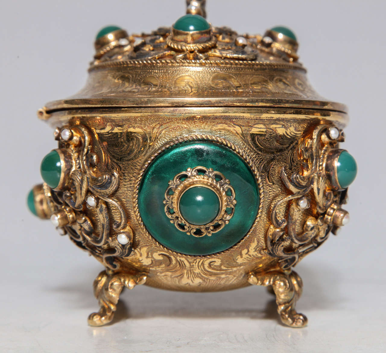 Austrian Viennese Judaica Silver Etrog Box, Jeweled with Pearls and Possibly Jade