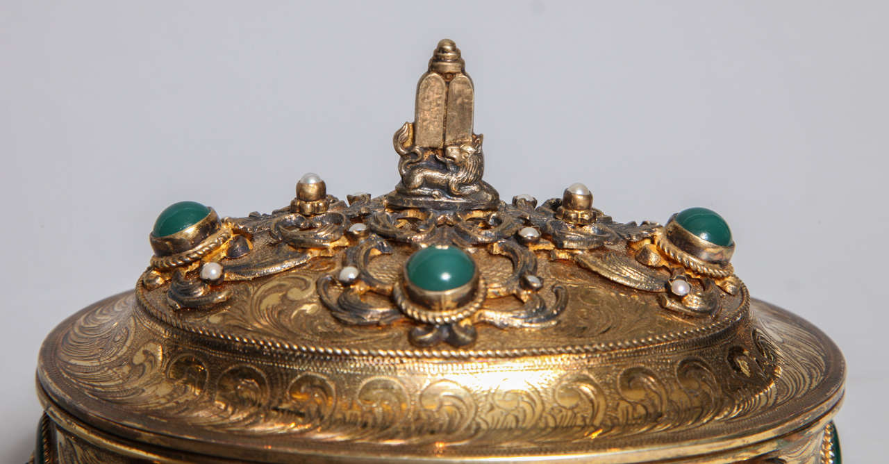 20th Century Viennese Judaica Silver Etrog Box, Jeweled with Pearls and Possibly Jade