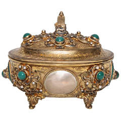 Antique Viennese Judaica Silver Etrog Box, Jeweled with Pearls and Possibly Jade