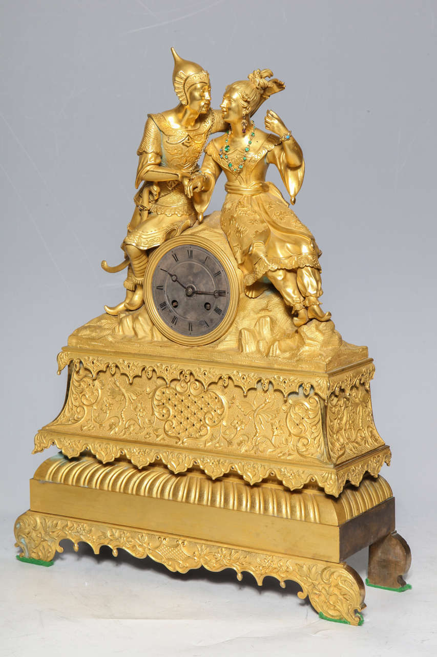 Cast Unusual French Gilt Bronze Chinoiserie Clock of Lovers For Sale