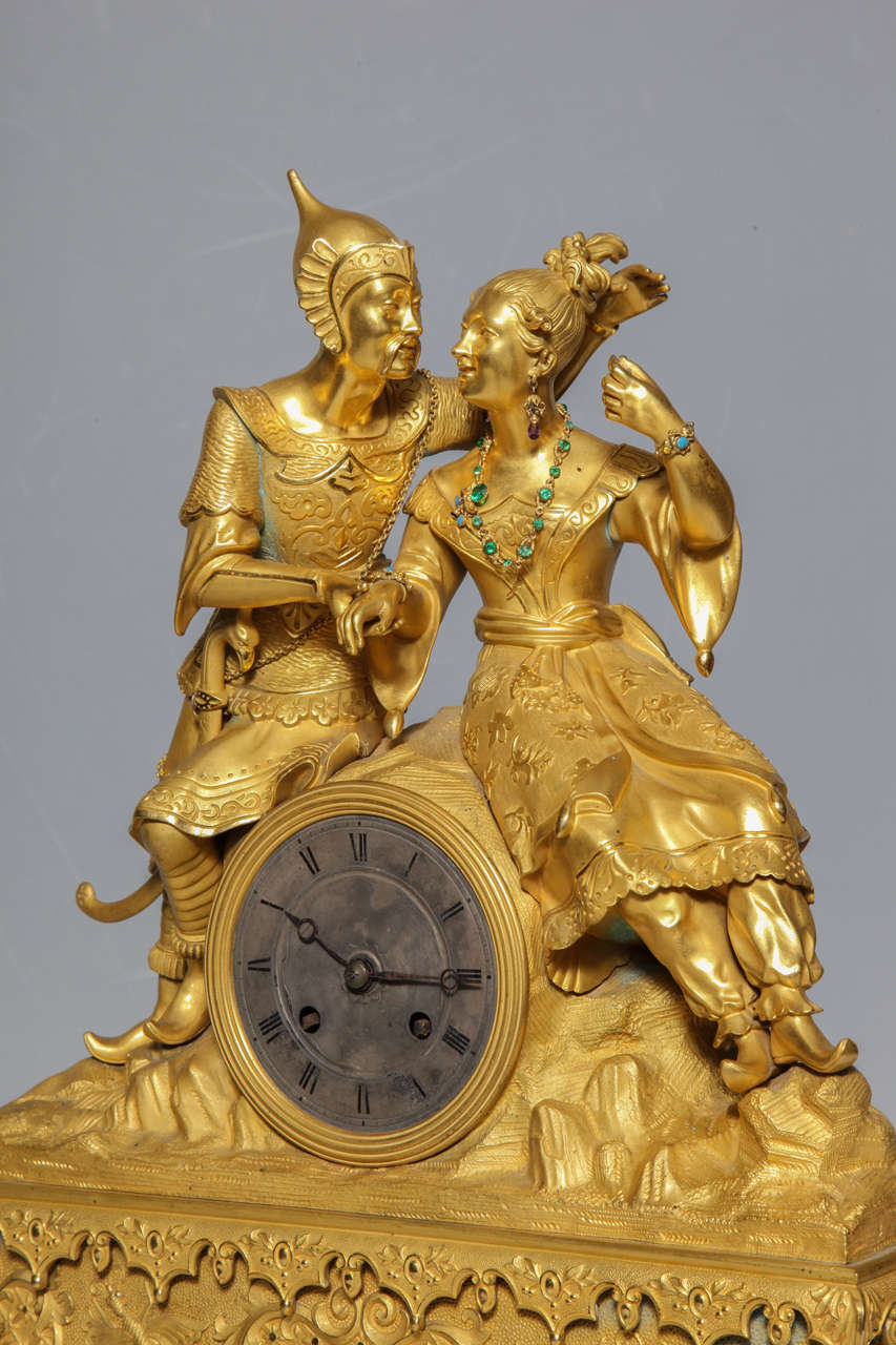 Unusual French Gilt Bronze Chinoiserie Clock of Lovers In Good Condition For Sale In New York, NY
