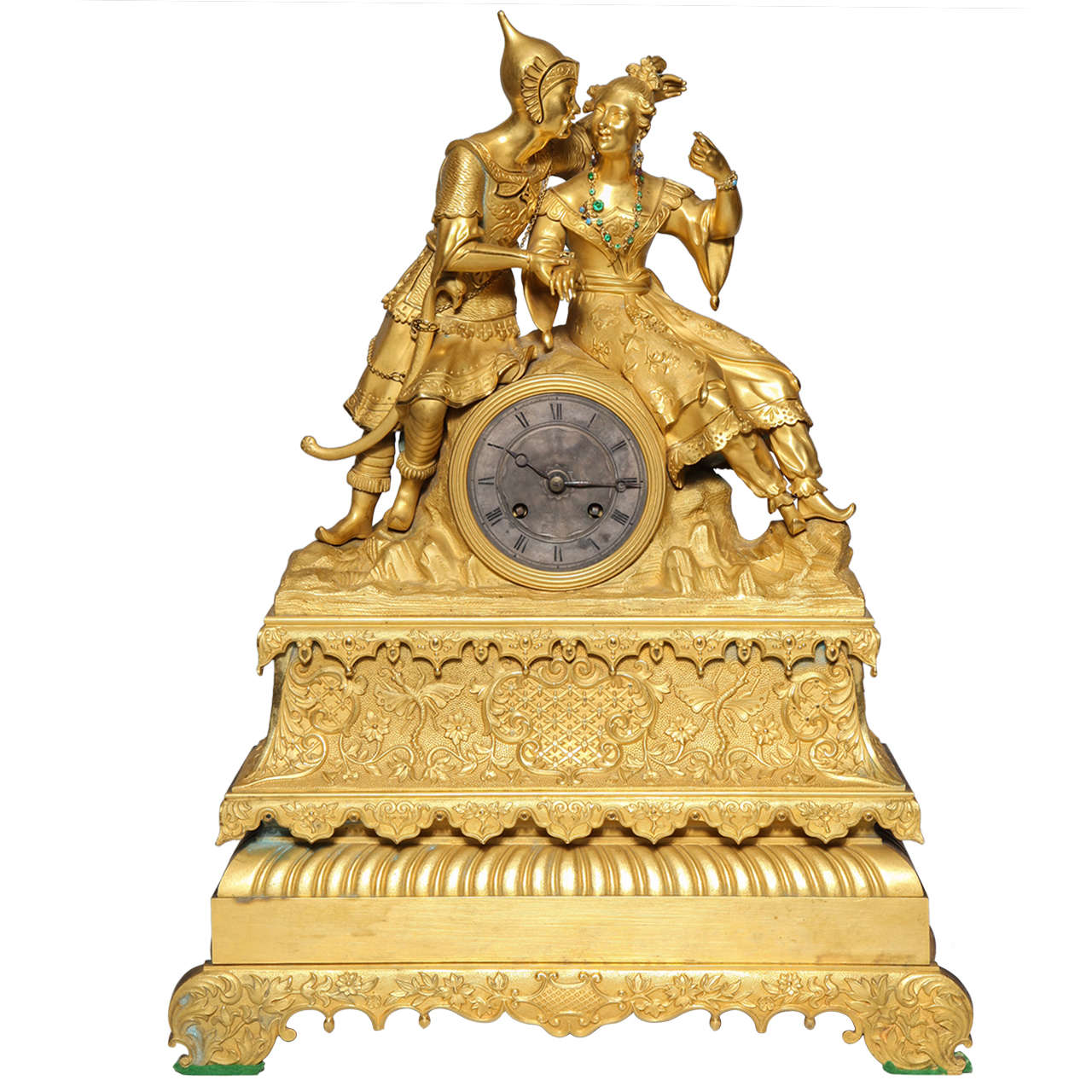 Unusual French Gilt Bronze Chinoiserie Clock of Lovers For Sale