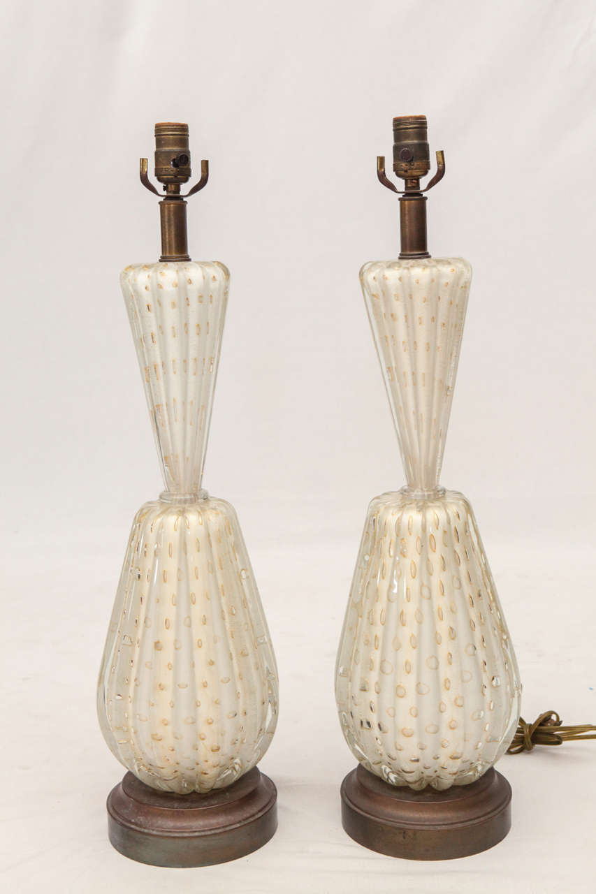 Pair Of Barovier & Toso Bubble Lamps.  Controlled Bubbles Encased In Clear Glass Over Opaque White Glass