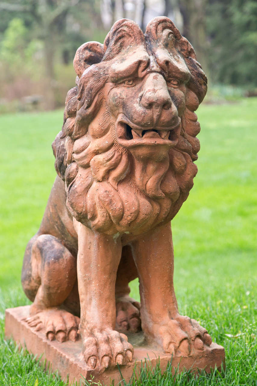 Sculptures of Lions in Terra Cotta In Good Condition In Katonah, NY