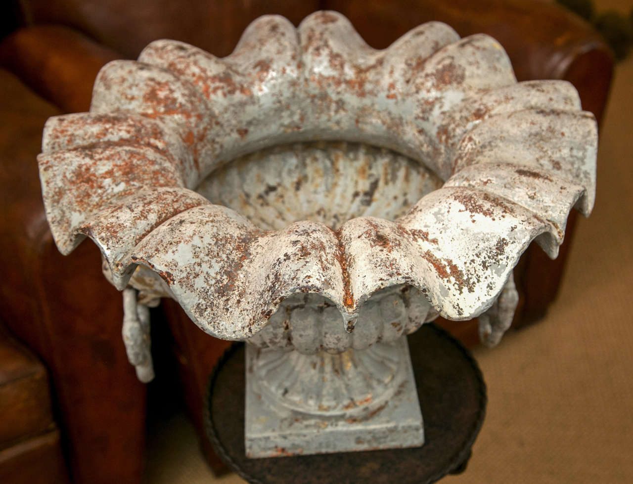 Pair of Petite French Cast Iron Garden Urns with Ruffled Rim Detail