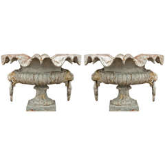 Pair of Petite French Cast Iron Garden Urns with Ruffled Rim Detail