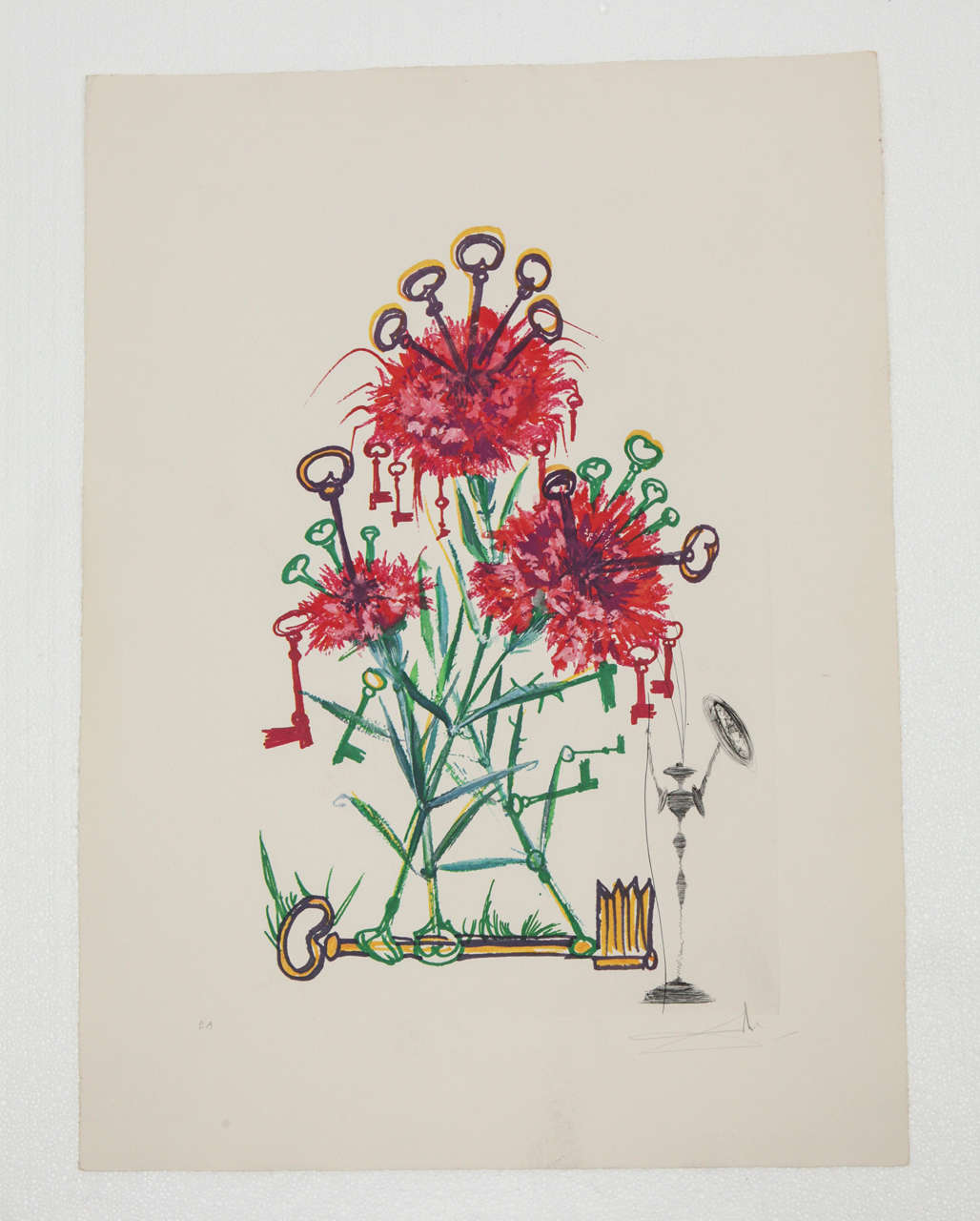 Signed Salvador Dali print, lithograph with original engraving, published in 1972 by Editions Graphiques Internationales. Image is derived from 19th century flower engraving which Dali surrealized in his own way. 
On Arches watermarked paper,