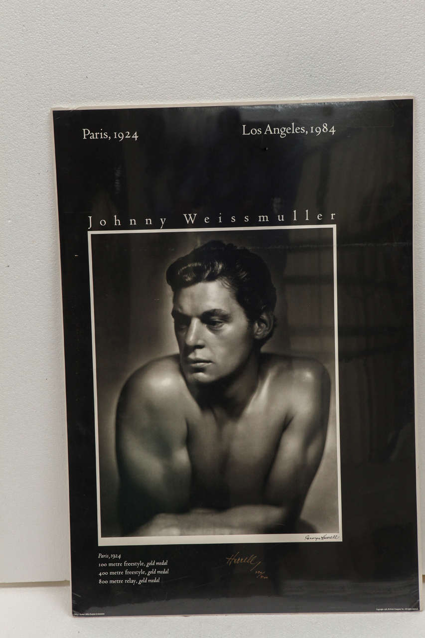 Poster of Johnny Weissmuller with the iconic photograph by George Hurrell  for the Olympics  in Los Angeles in 1984.  Signed and numbered by Hurrell in gold pen, 290/500.