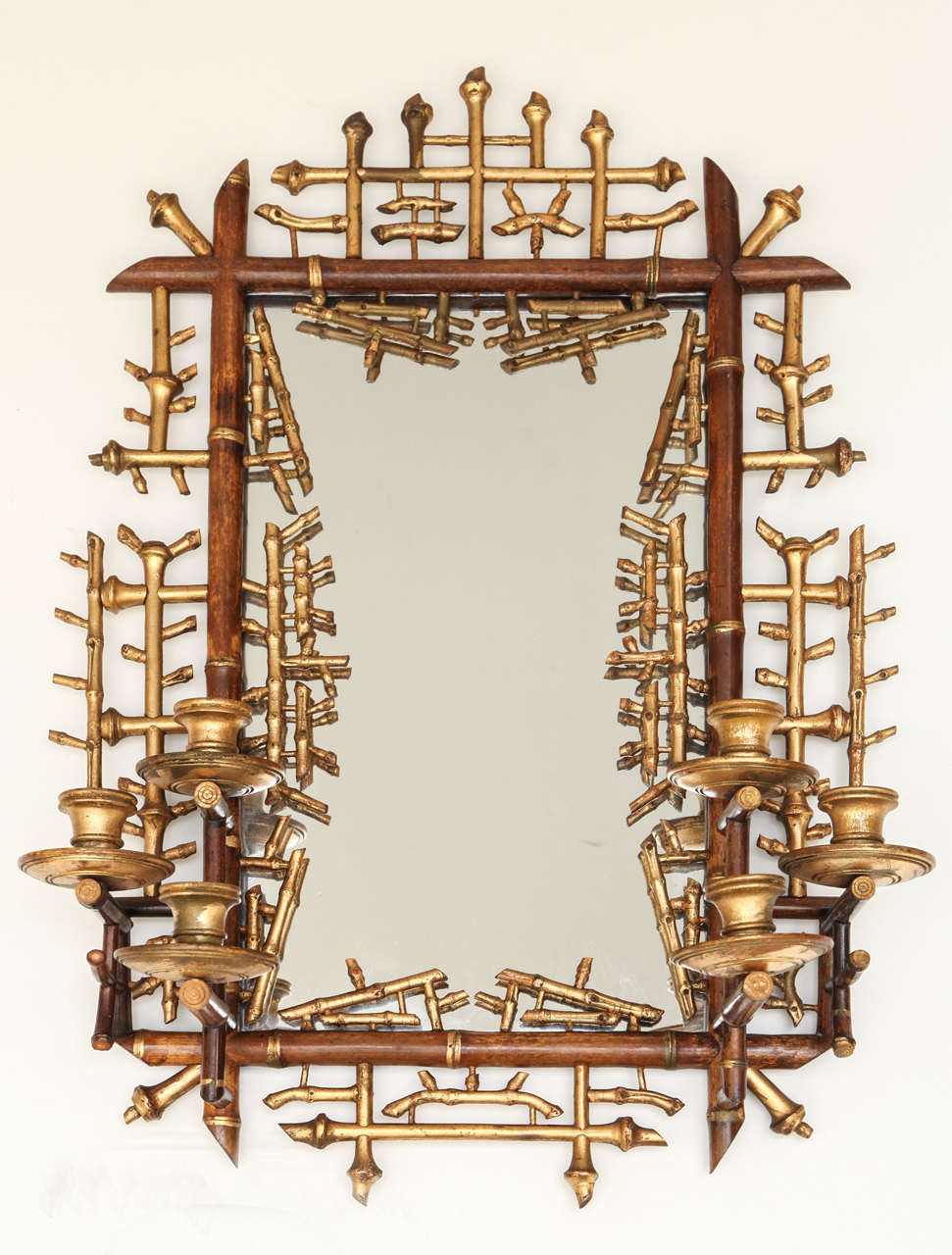 Gilt and Stained Faux Bamboo MIrrored Back Sconces