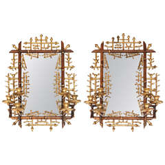 Gilt and Stained Faux Bamboo MIrrored Back Sconces