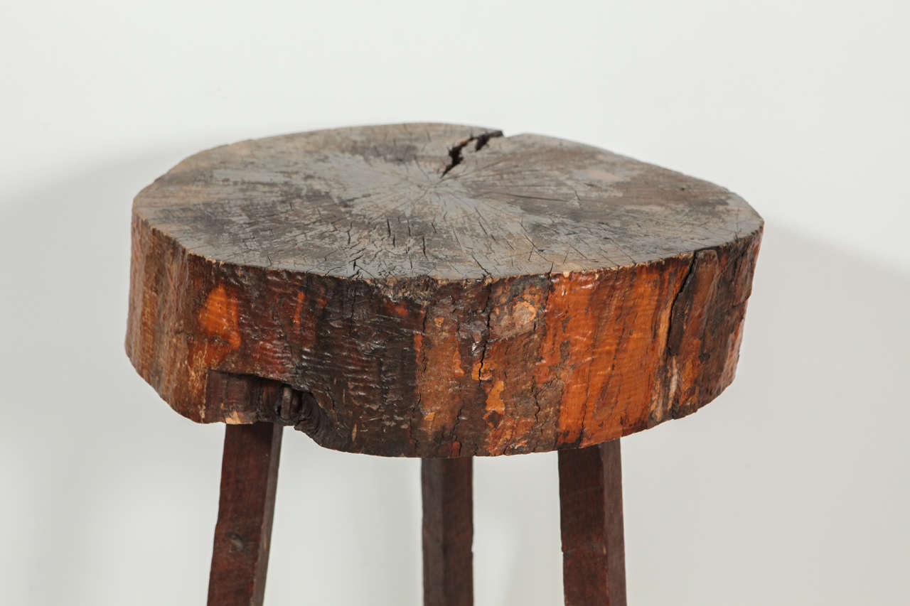 Rustic Wood Block Tall Side Table In Distressed Condition In Los Angeles, CA