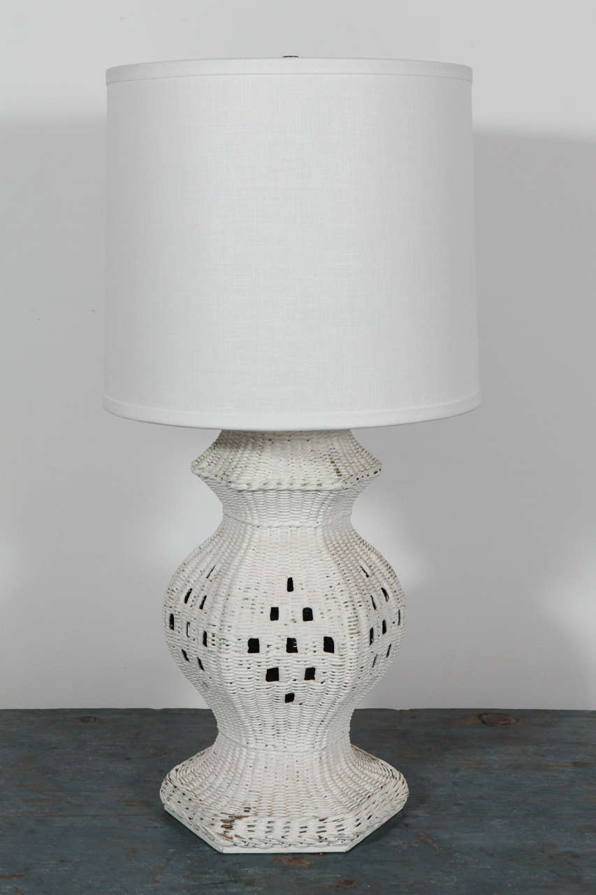 Painted wicker table lamp, newly rewired with black silk twist cord. Shade sold separately (approx. $100)
