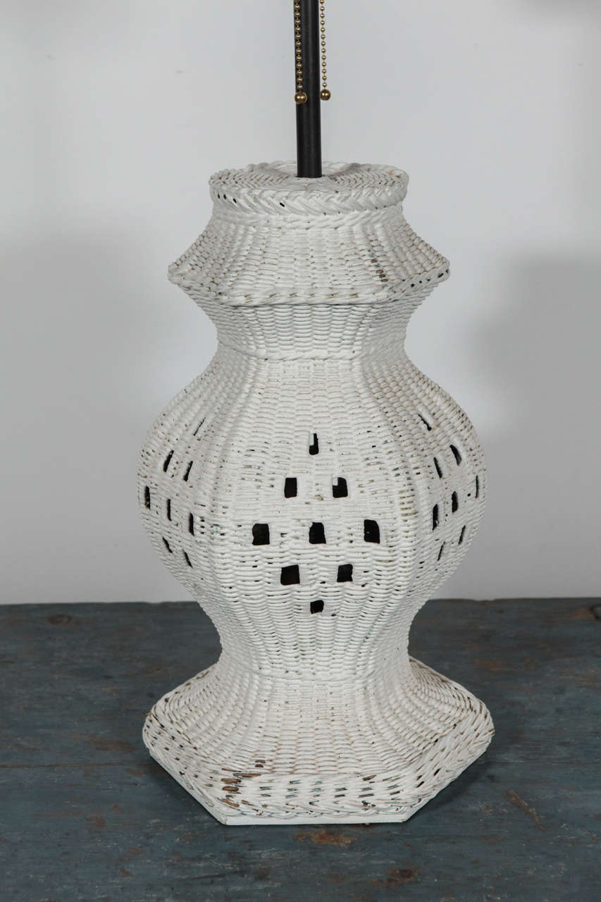 Schoolhouse Painted White Wicker Hexagon Base Table Lamp