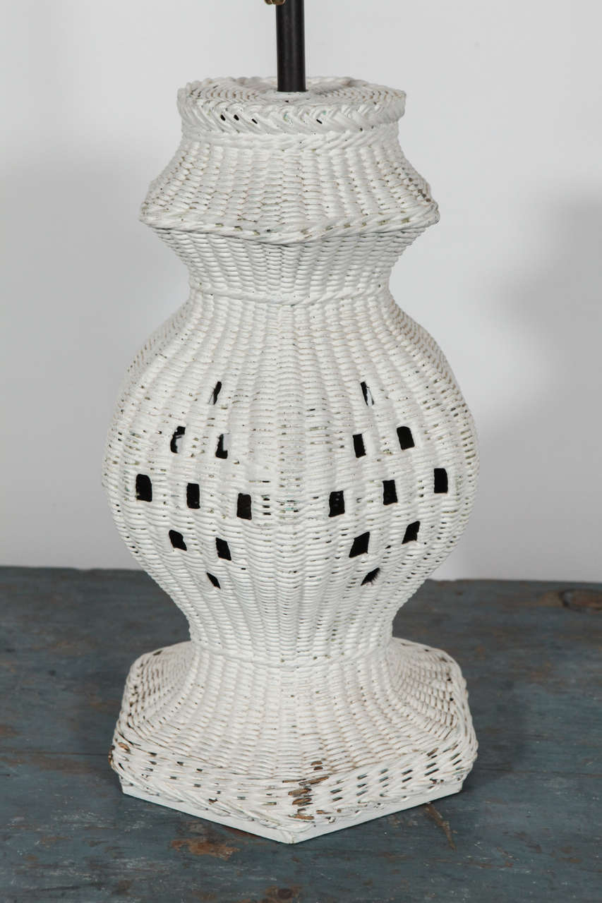 Painted White Wicker Hexagon Base Table Lamp 1