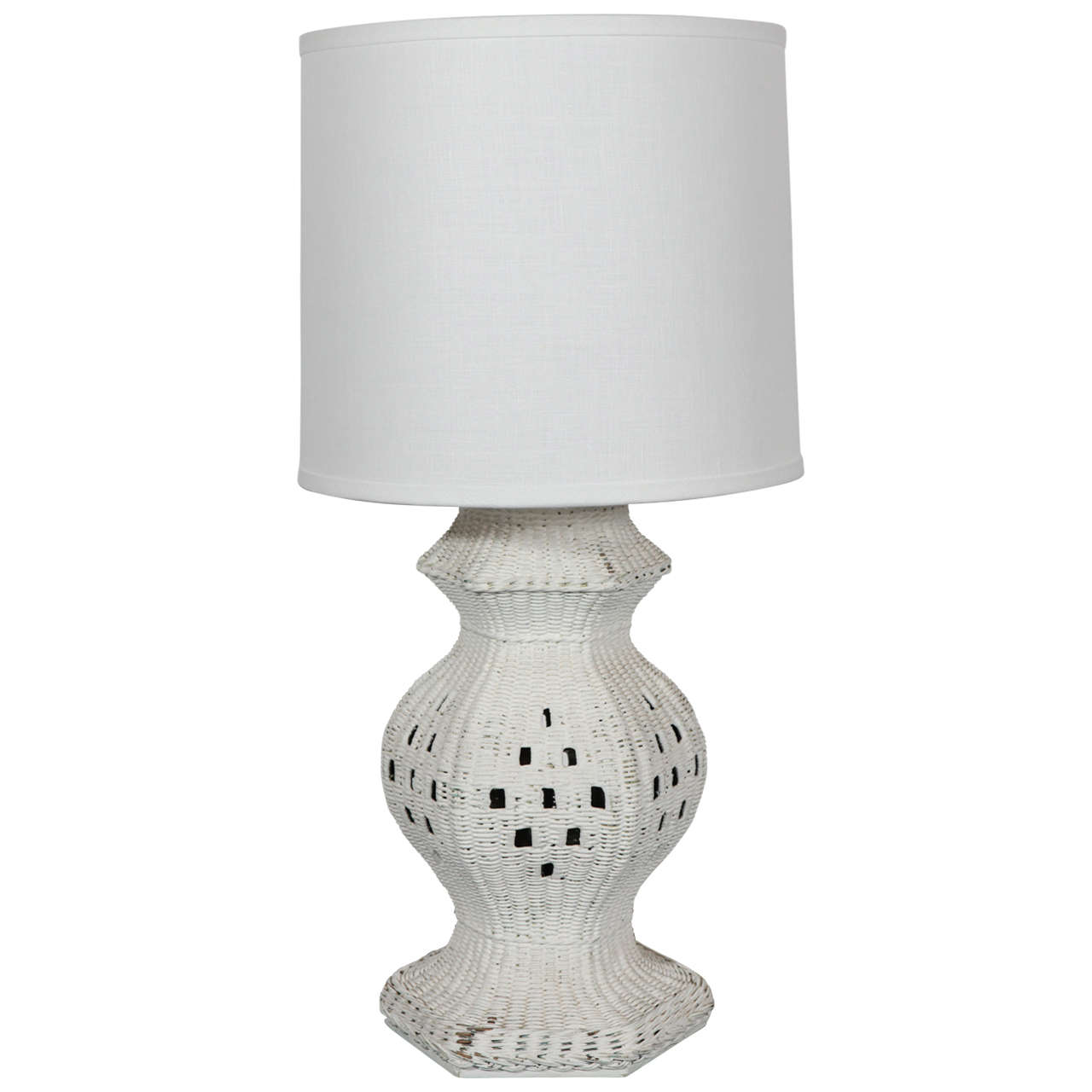 Painted White Wicker Hexagon Base Table Lamp