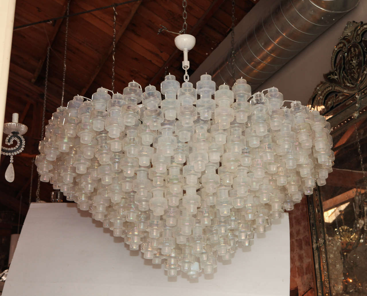 Huge and Impressive Murano Chandelier in the Style of  Manubri by Venini<br />
Murano glass is clear and frosted glass. Hardware is white enamel. Height to the top of the canopy is 53 inches. Height of just the glass section is 28 inches.