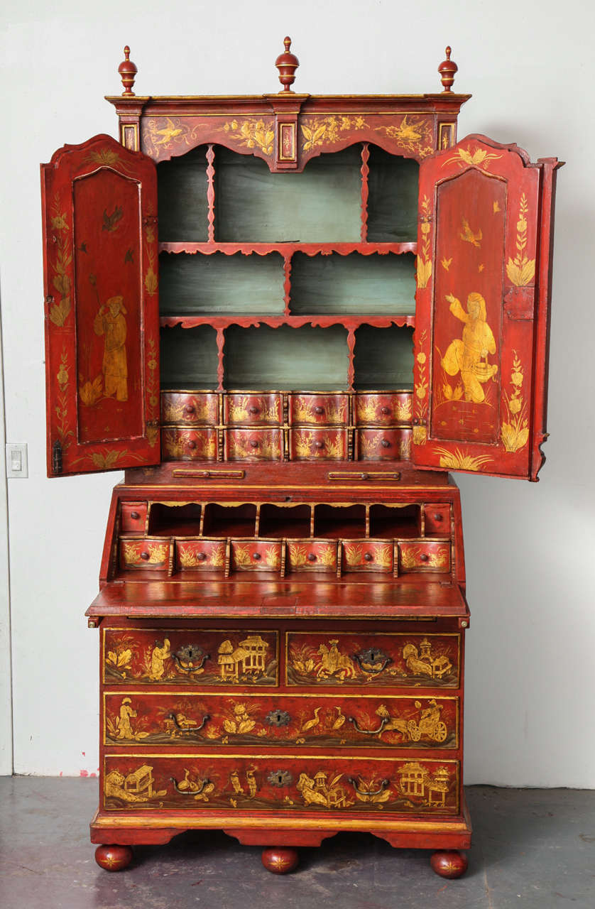 Italian Important Venetian Red Japanned Chinoiserie Bureau Bookcase, circa 1750