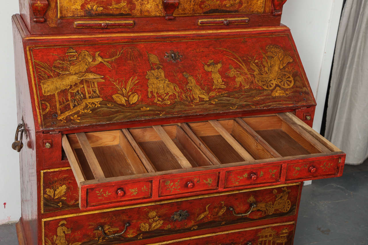 Important Venetian Red Japanned Chinoiserie Bureau Bookcase, circa 1750 1