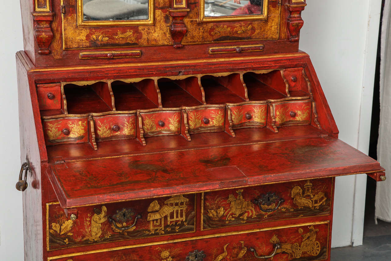 Important Venetian Red Japanned Chinoiserie Bureau Bookcase, circa 1750 2