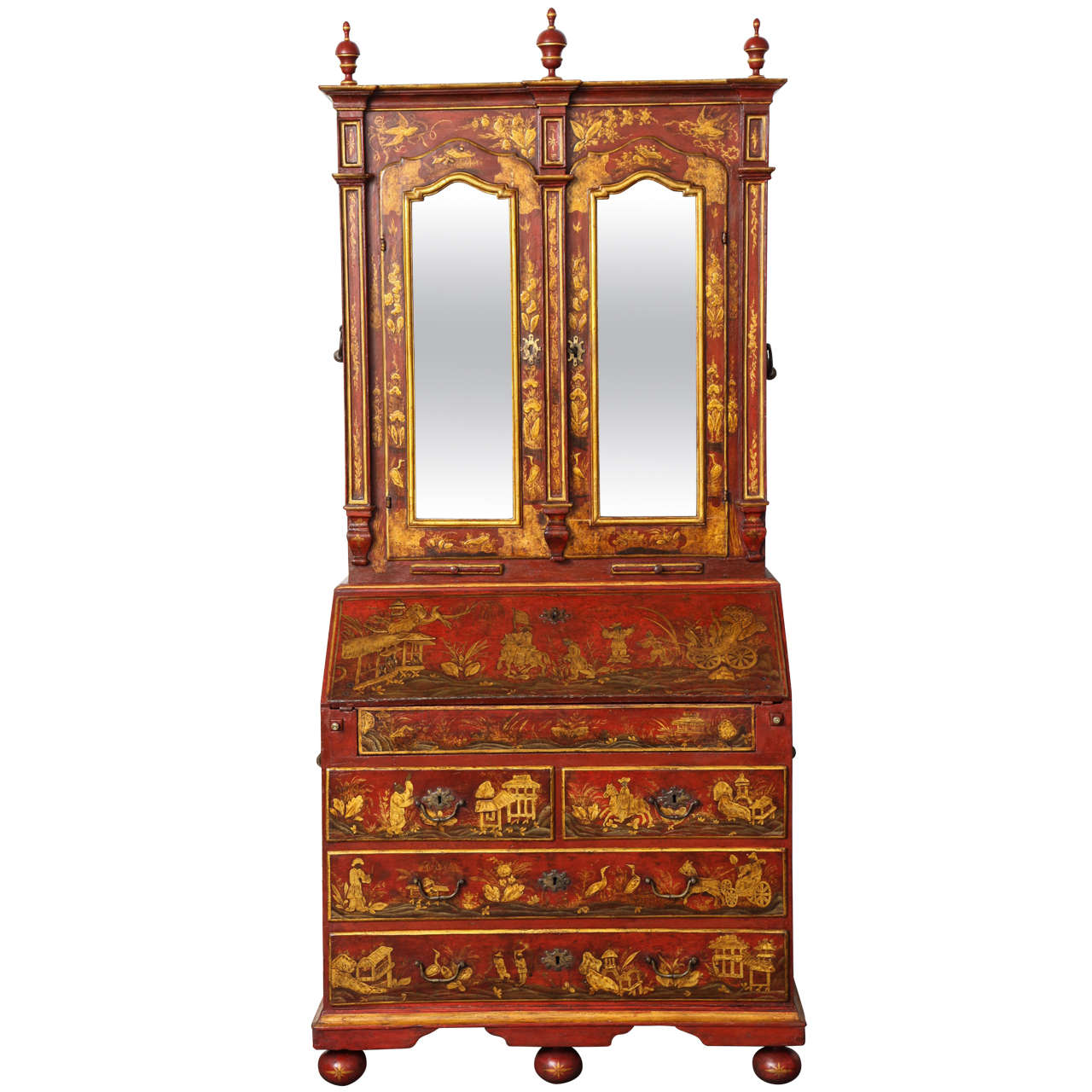 Important Venetian Red Japanned Chinoiserie Bureau Bookcase, circa 1750