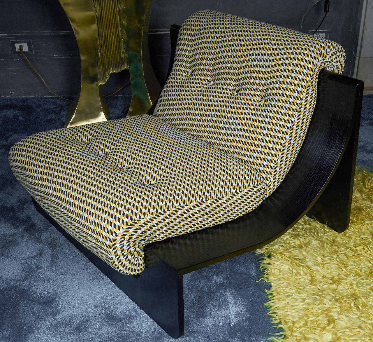 Pair of armchairs, ebonized oak structure, newly reupholstered in yellow or black or white optical silk jersey.