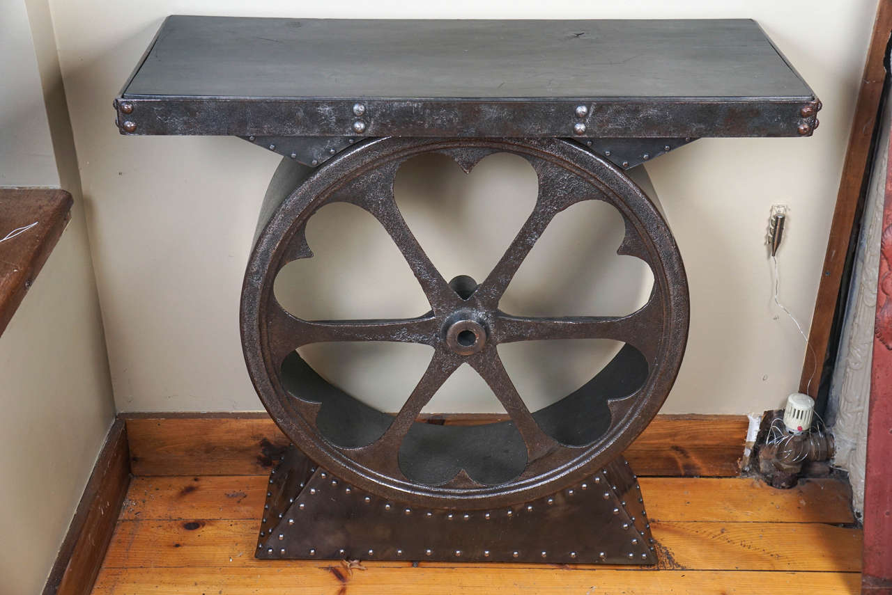 Iron console table with 1850 iron wheel, USA, newly designed with custom wood or stone top.