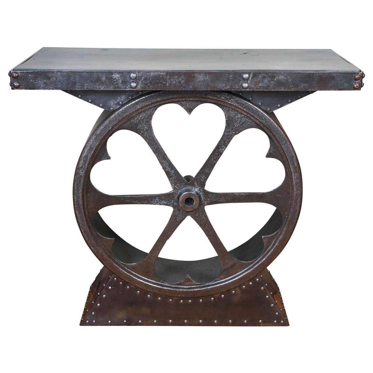 Iron Console Table with 1850 Iron Wheel, USA For Sale