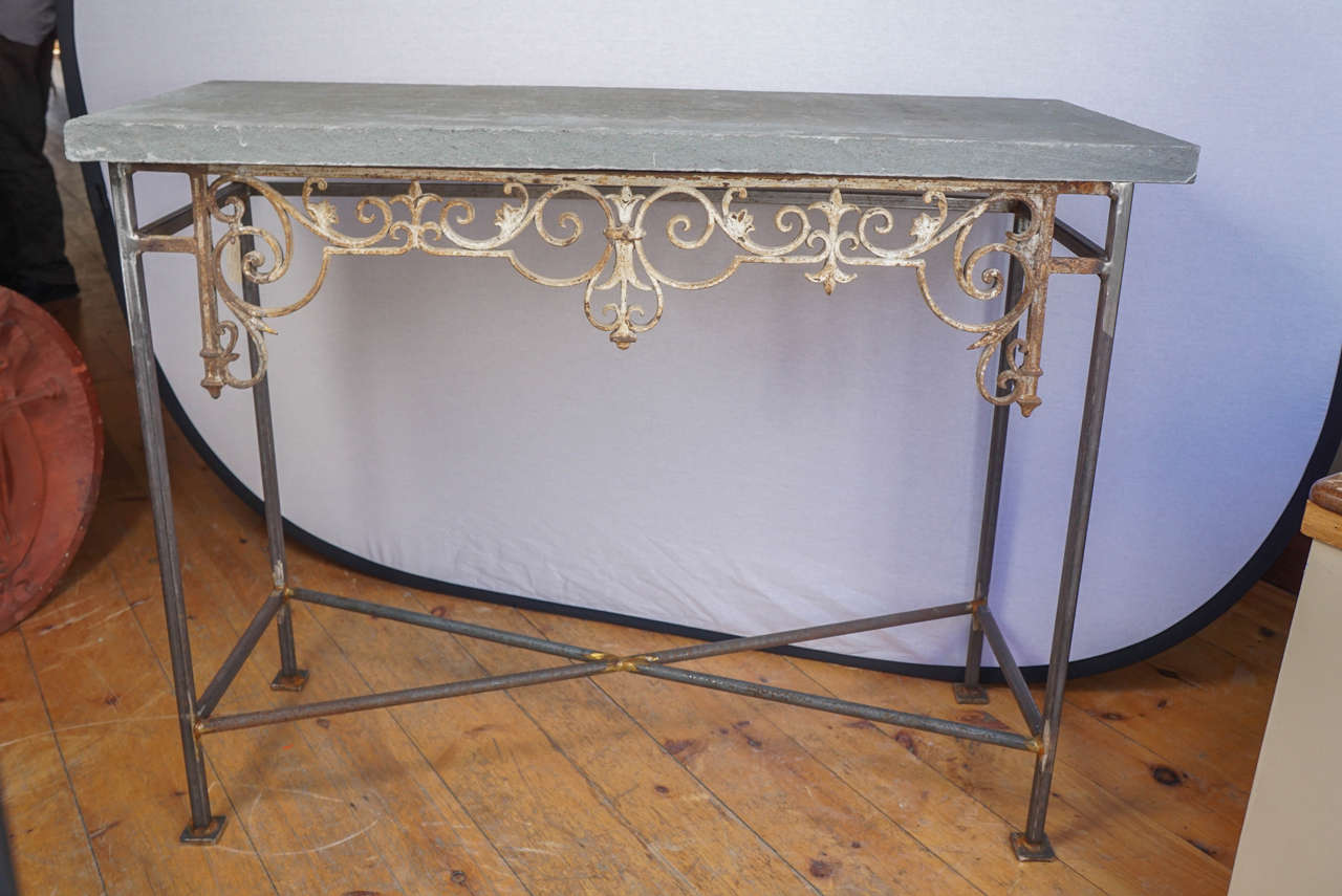 Architectural iron from late 1800s Console Hudson Valley Bluestone, newly designed by Rose Garden Antiques, incorporating 19th century cast iron grill work in original paint and fired Hudson Valley bluestone. Indoor or outdoor console.