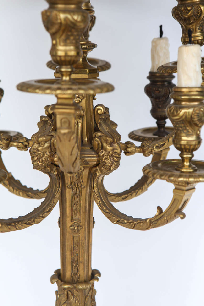Pair of 19th Century French Doré Bronze Candelabra Lamps For Sale 3