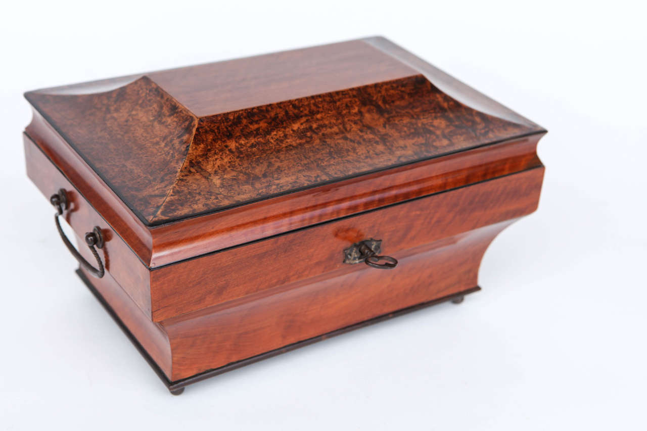 Early 19th century English burl walnut sewing box with original key.