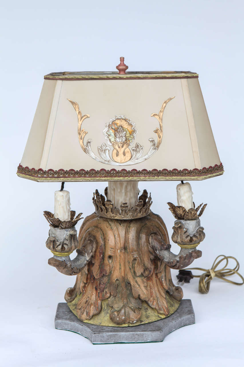 Pair of 19th c. Italian Carved Wood Fragments converted to Lamps.  The Shades are included and are Hand Made of Parchment Paper. They are Hand Gilded and Decorated. The lamps have been newly wired.