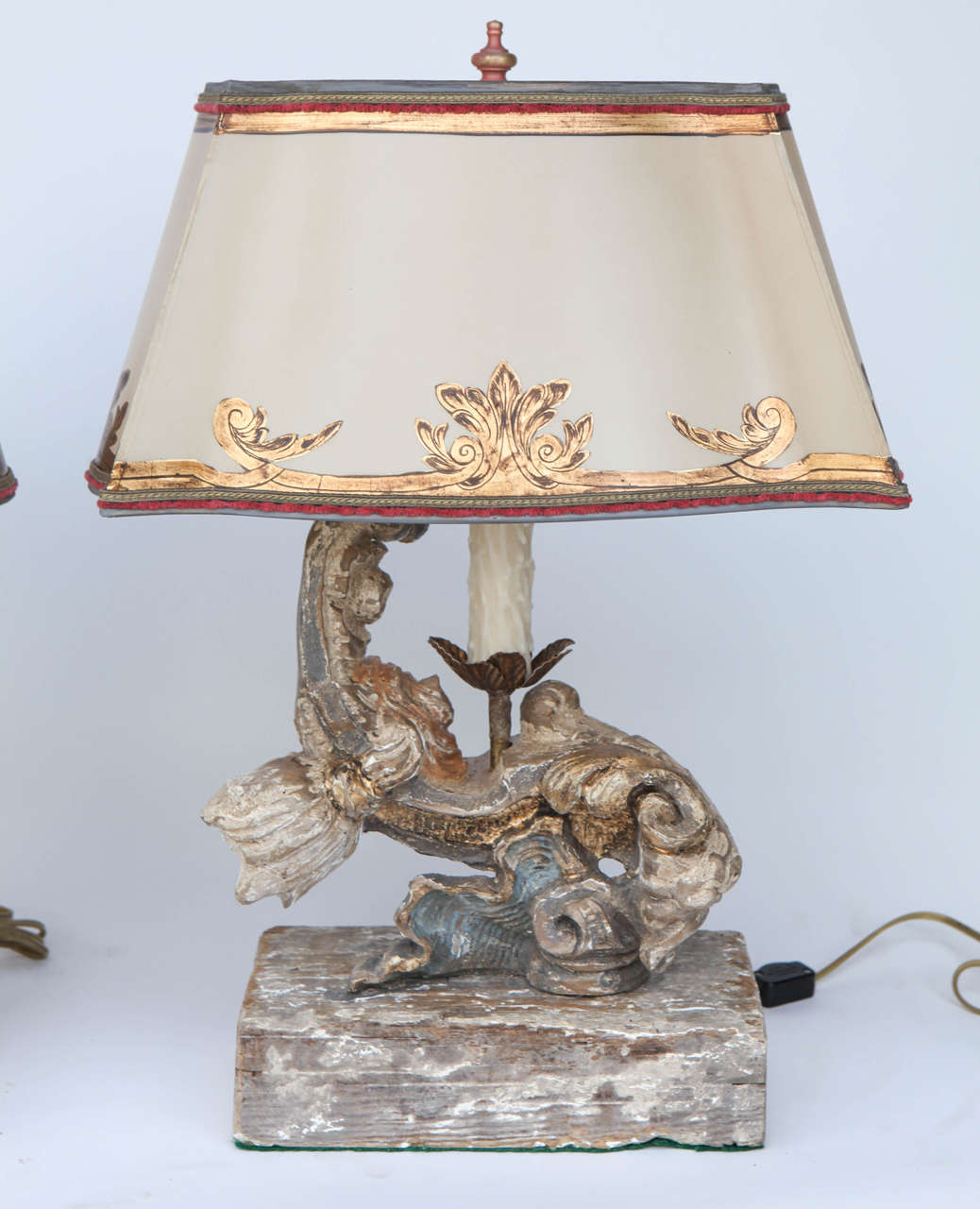 19th c. Pair of Italian Antique Wood Fragments converted to Lamps. The Shades are included and are Hand Made of Parchment Paper. They are Hand Gilded and Decorated. The lamps have been newly wired.