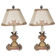 Pair of 19th Century Italian Giltwood and Painted Candle Lamps
