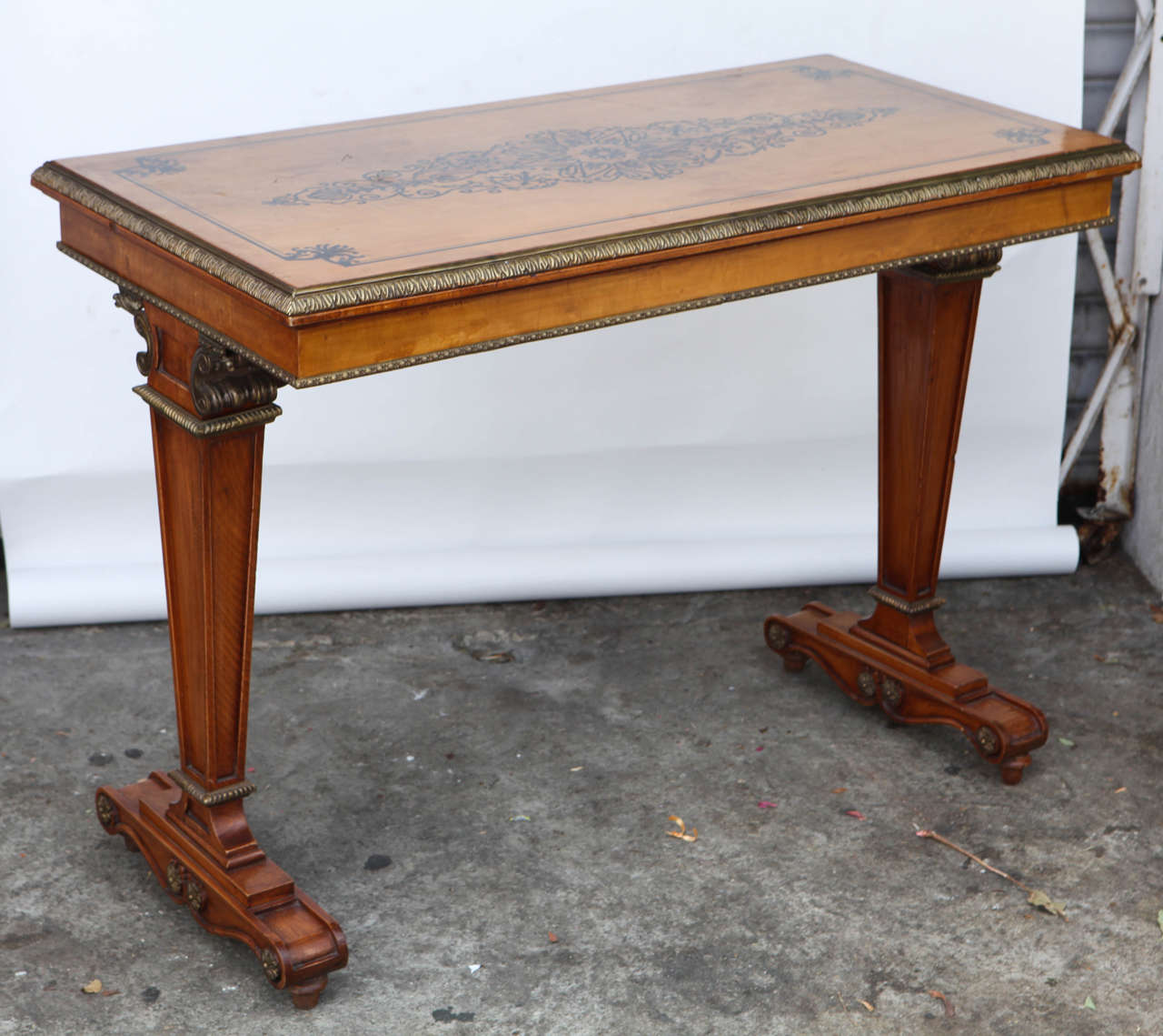 1940's Vintage French Satinwood Console/Sofa Table with Inlay and Bronze Mounts.