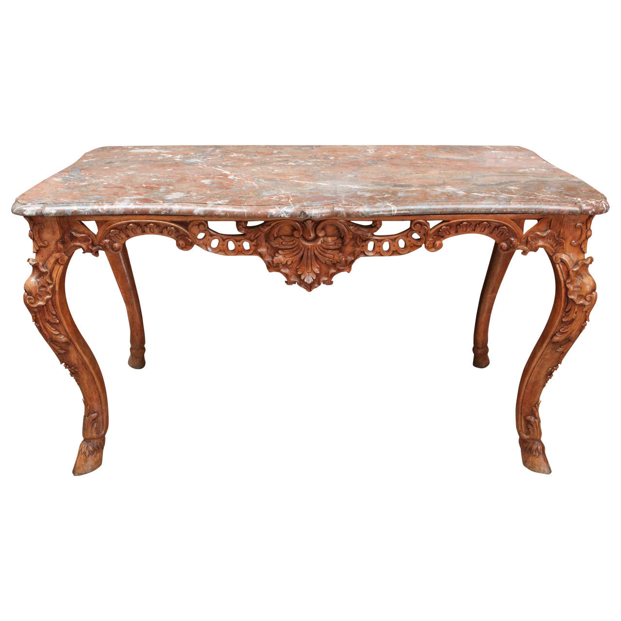 Late 18th Century French Carved Walnut Table with Original Marble Top For Sale