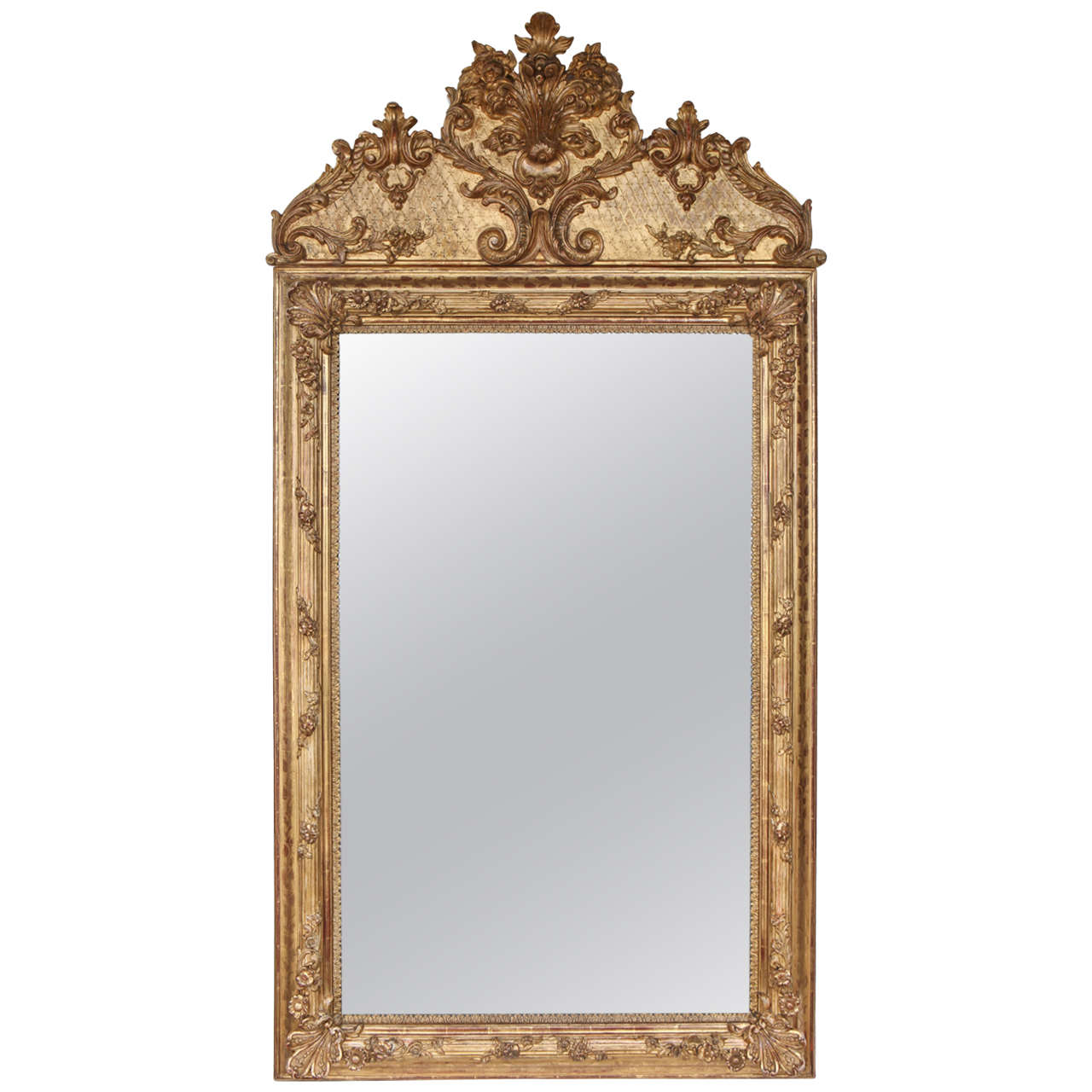 19th Century French Carved and Gilded Mirror with Crested Top For Sale