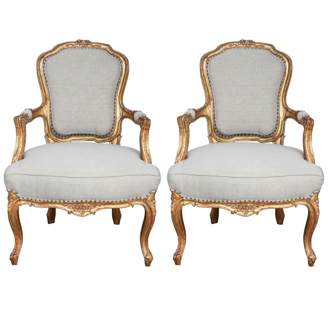 Pair of 19th Century French Carved Giltwood Armchairs For Sale
