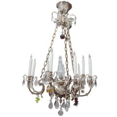 Antique 1900s French Silvered Bronze Chandelier with Cut Crystal