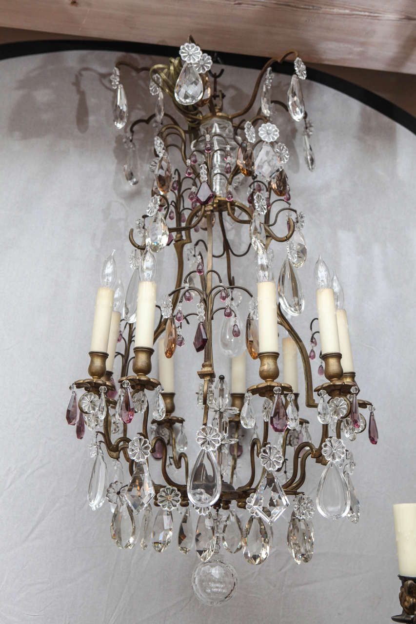 19th c. French Louis XV Style 8 light Bronze Chandelier with Crystal and Amethyst. Newly wired.