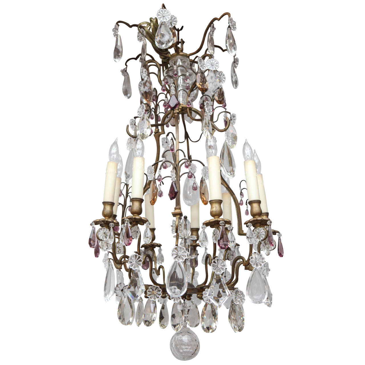 19th Century French Louis XV Style Bronze Chandelier with Crystal and Amethyst For Sale