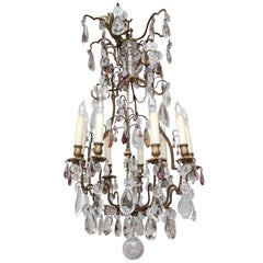 Antique 19th Century French Louis XV Style Bronze Chandelier with Crystal and Amethyst