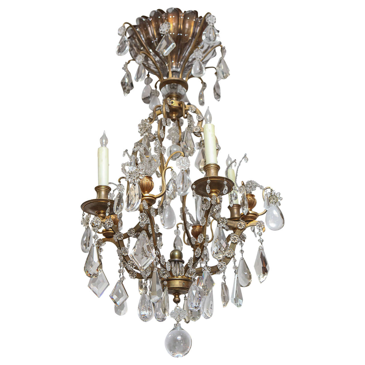 1900s French Bagues Dore Bronze and Crystal Chandelier For Sale